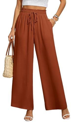 BEIGAI Damen Hosen Weite Lose Gerade Geschnitten Palazzo Hose Hohe Taille Dehnbar Lounge Elegante Hose mit Taschen,Karamel,L