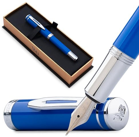 Wordsworth and Black Fountain Pen Mini EDC: Luxury Blue Heavy Pocket Pen, Chrome Finish, Medium Nib, 6 Ink Cartridges, Ink Converter, Travel Refillable Writing Pen Gift Set, Men & Women