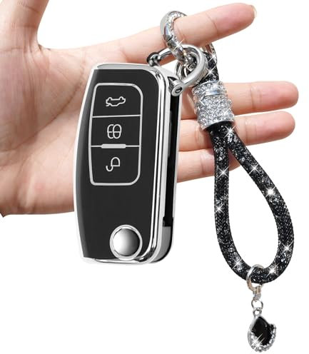 Yumzeco Schlüsselhülle Hülle Cover Kompatibel mit Ford Fiesta Mondeo Galaxy Fusion Focus 2003-2013, 3 Tasten Silicone TPU mit glänzendem Diamant Schlüsselband, Keyless Schutzhülle-Schwarz