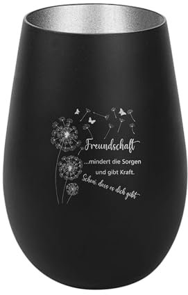 Der-Porzellan-Laden Windlicht mit Gravur Freundschaft mindert die Sorgen, Schwarz Silber, Teelichthalter aus Glas mit Spruch, Tischdeko modern