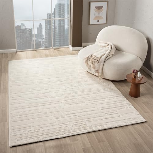 VIMODA Teppich Wohnzimmer Schlafzimmer kurzflor Steinoptik Qualitativ Elegant 3D Effekt, Farbe:Creme, Maße:120x170 cm