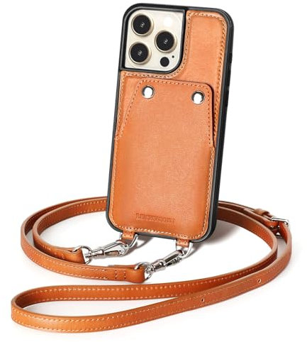 LUCKYCOIN Wallet Phone Case for iPhone 14 Pro Max with Wrist Strap/Card Holder,Fashion Travel Crossbody Case for Women,Genuine Leather Purse Cover for Girl,Pouch Case with Adjustable Neck Cord-Brown