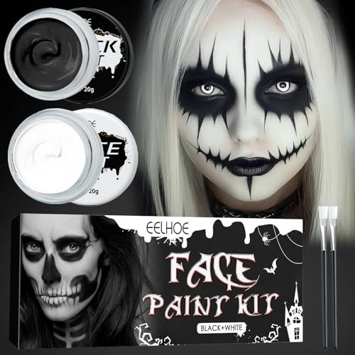 Halloween Schminke Set, Gesichtsfarbe Schwarz Weiß mit 2 Pinseln, Halloween Make up, Kinderschminke Halloween Schminke Erwachsene Kinder, für Theaterschminke Zombie Vampir Schminke Faschingsschminke