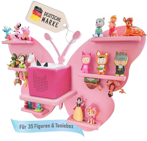 TONIGAL® Tonie Regal Schmetterling mit Platz für bis zu 35 Tonie Figuren, Toniebox & Ladestation I Magnetisches Toniebox Regal aus Holz in Rosa, Pink I Sicheres Tonieregal Dank Abgerundeter Ecken