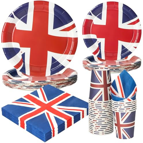 PARTY GO 96pcs Union Jack UK Flag Paper Plates Cups and Napkins, Bunting Flags Disposable Dinnerware Party Supplies for VE VJ Day Celebration Party Table Decorations Serve 24 Guests