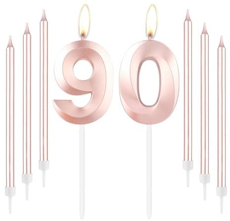 mciskin Rose Gold 90 Birthday Candles-Number 90 Candle for Cake with Long Thin Candles Set, Rose Gold Cake Topper for Women 90th Birthday Decorations Supplies,90th Wedding Anniversary Decorations