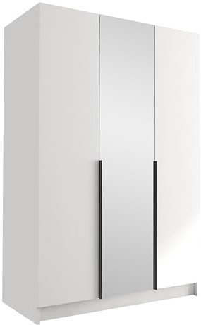 Mirjan24 Kleiderschrank mit Spiegel, Einlegeböden und Kleiderstange Cikzori II, Vielseitiger Drehtürenschrank, Elegantes Kleiderschrank 3-türig (Weiß/Weiß + Schwarz)