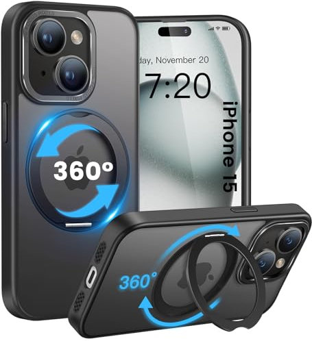 HuwaiH handyhülle für iPhone 15 Hülle, [360° Magnetischer Ring Ständer ] [mit Mag-Safe] [Transluzente Matte] Stoßfeste Kratzfeste Schutzhülle für iPhone 15 (Schwarz)