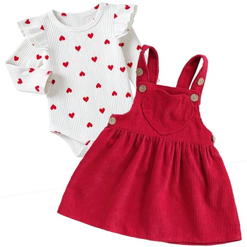 Asmea Vestiti Neonato Femmina Cuore Body Neonata Maniche Lunghe + Gonna a Bretelle Regolabile Abbigliamento Bimba Completo Bambina Tutina Neonato 0-3 Mesi Femmina Regalo Neonata