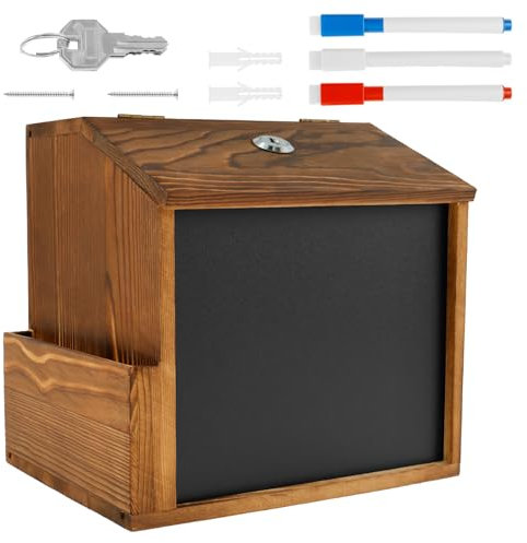 Scatola di proposte in legno, 21 x 16 x 20 cm, con serratura in legno, con 3 pennarelli per lavagna bianca e lucchetto, scatola di suggerimenti per montaggio a parete, cassetta delle lettere, per