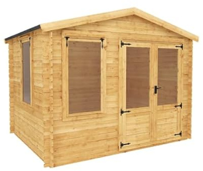 WALTONS | Wooden Log Cabin Summerhouse 11ft x 8.8ft (2.6m x 3.3m) | 19mm Log Boards | Garden Room | Apex Roof | Double Doors with Lock and Key | Outdoor Home Office Shed