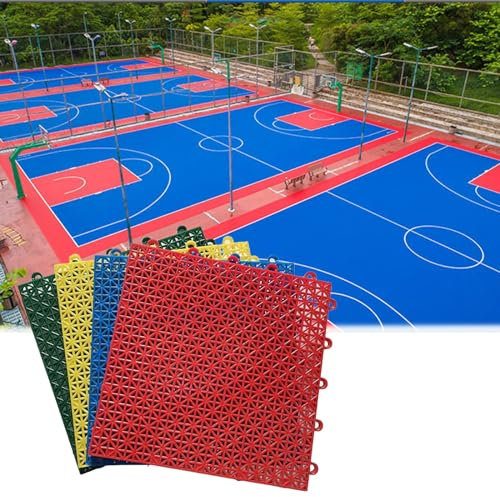 Outdoor-Basketballplatz-Fliesen, 25,4 x 25,4 cm, modulare ineinandergreifende Bodenmatten für Fitnessstudio, Spielplatz, wasserdicht, DIY-Puzzle-Bodenbelag in Rot, Gelb, Blau, Grün, ideal für