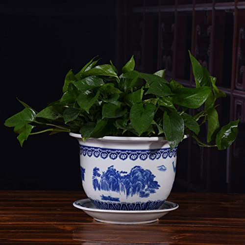 Keramik-Pflanzgefäß, Blau-Weiß, Porzellan, Dekorativer Blumentopf Mit Untersetzer Für Zimmerpflanzen, Blumenbehälter Mit Abflussloch Für Bonsai-Pflanzen, Blumen-Aloe Für Den Innenbereich, E, 35 Cm X