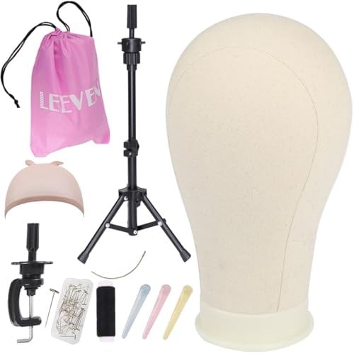 Leeven 22 Inch Wig Stand Tripod with Canvas Wig Head Poly Manikin Head for Making Wigs Adjustable Tripod Wig Head Stand Canvas Block Head Wig Making Accessories