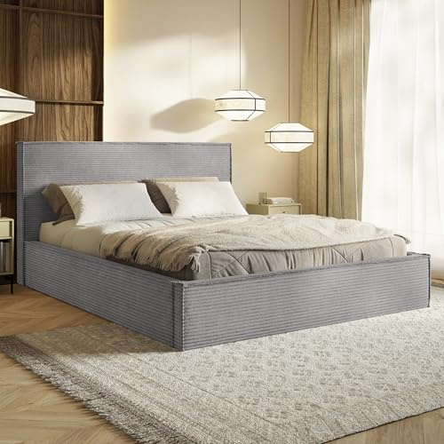 MOTIVENA Boho Bett 200x200 Grau Cord, mit Stauraum, mit Kopfteil, mit Lattenrost, ohne Füße, ohne Matratze, Polsterbett 200x200 mit Bettkasten Grau (Hellgrau)