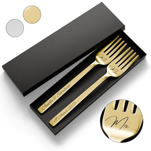SMARTEON Gabel Set mit personalisierter Gravur – Hochzeitsgeschenke für Brautpaar, Geburtstag, Jubiläum, Geschenkidee für Paare – Kuchengabeln mit Namen mit Geschenkbox (Design 2, Gold)