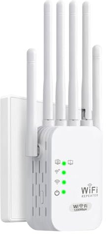 Amplificador Señal WiFi 1200M Repetidor WiFi Largo Alcance 5G y 2.4G Doble Banda WiFi Extender con 6 Antenas de Alta Ganancia, Puerto LAN, Extensor de WiFi para casa y Oficina,Fácil de Instalar