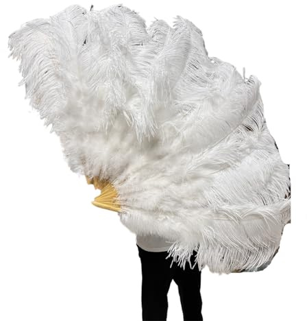 Folding Feather Fan Extra Large Ostrich Feather Fans 13 Bone Handheld Plumes Fan for Wedding Party Stage Performance(White,130CM 2PCS)