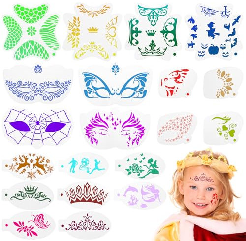 DSLSQD 20 Stück Tattoo Schablonen Kinder,Wiederverwendbare Gesichtsfarbe Schablonen Kit,Schminkschablonen Für Gesicht & Körper,Tattoo Design Werkzeuge Temporäre Tattoos für Maskerade Halloween Urlaub