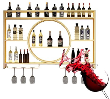 An der Wand montiertes Weinregal mit hängendem Weinglashalter, moderne Ausstellungsständer aus Eisen mit LED-Licht, Flaschenhalter aus Metall, multifunktionales Lagerregal – Gold, Größe: 3-l