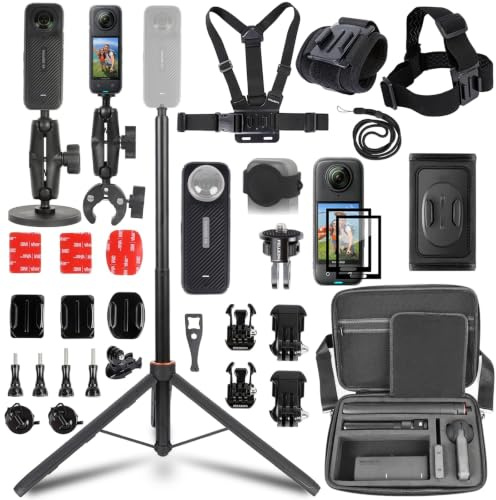 PellKing Zubehör-Set für Insta360 X4, inklusive Tragetasche mit Gürtel, 2 Stück Metall-Adapter, Lenkerklemme, magnetische Halterung, 109,2 cm Selfie-Stick, Brustgurt, Kopfgurt, Rucksackhalterung und