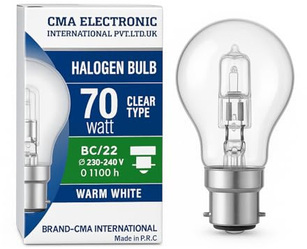 2 Pack 70W Halogen Energy Saver Bulbs - Eco Classic Clear Glass Bayonet B22 BC Cap - Warm White 2700K Light - Instant Full Brightness - Long Life Replacement for 60 w Traditional Bulb