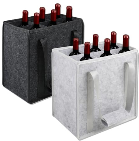 Lauviomify Sac à Bouteilles pour 6 Bouteilles,2 Paquets Sac à Bouteilles Sac de Rangement Réutilisable Porte Bouteille pour Vin et Champagne, 27cm x 18cm x 27cm - Noir+Gris