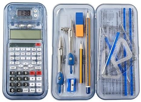 2 in 1 82MS Scientific Calculator with Math Set,Calculator Scientific with 240 Calculation Functions,2-Line Display,Digital timer for School or Daily Use,Blue