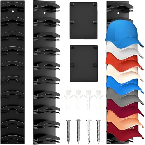 AONAYO 2 Stück Cap Halterung Wand,Kappenhalter,Cap Aufbewahrung,Mützenhalter,Kappenhalter Mit Starkem Klebstoff Für Bis Zu 20 Hüte,Basecap Halterung Wand Für Zimmer Tür Kleiderschrank,Schwarz