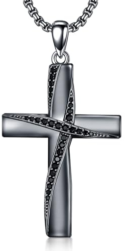 Midir&Etain Silber/Schwarzer Gotische Kreuzkette für Herren Damen 925 Sterling Silber Christliche Glaube Schmuck Valentinstags Geburtstags Geschenke