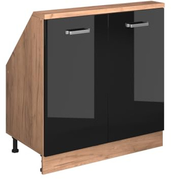 Vicco Dachschrägenschrank Rion, Schwarz Hochglanz/Goldkraft Eiche | B80 x T46 cm, mit 2 Türen, platzsparend für Dachschrägen