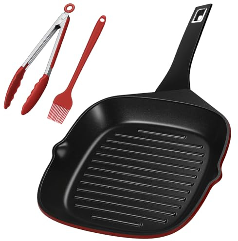 EvoFar Nonstick Griddle Pan for All Hobs, 28cm Square Aluminium Steak Pan | Indoor Cooking Grilling, PFOA & PFOS Free, Red