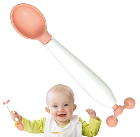 Cuillère rotative à 360 degrés – 14,8 x 2,9 cm FoodGradePP 1 pièce, cuillère à poignée antidérapante pour en bas âge, détection de chaleur durable | Parfait pour les garçons et les filles, voy