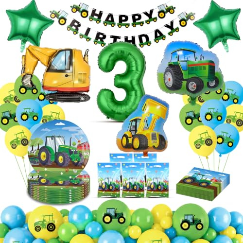 Fizdoqg Geburtstagsdeko 3 Jahre Junge Traktor Party Deko Trecker Geburtstag | mit Banner Luftballon Partygeschirr Servietten Geschenktüten für Party Deko, Kindergeburtstag Decorations