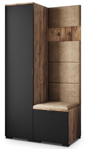 Masseno Flugarderoben Set Lori, Kleiderschrank-Set mit Sitzbank, Garderobenschrank Flur mit 3 Regalböden, Eiche Lefkas/Schwarz