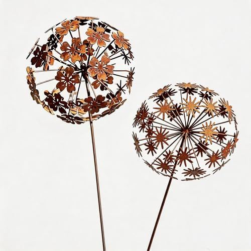Gartendeko Rost Pusteblume 2er Set, Gartenstecker Metall 40cm für Draußen Wetterfest,Metallische Mohnblumen-Design. Vintage Deko Frühling Outdoor für Balkon, Terrasse und Beet