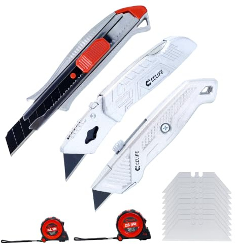 CCLIFE Cuttermesser Maßband Set 7-teilig Aluminium Werkzeugset | 3 Aluminium-Cuttermesser Set für Handwerker mit 20 Wechselklingen und separater Aufbewahrung