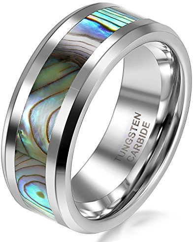 JewelryWe Schmuck 8mm Breite Herren-Ring Wolframcarbid Ring Hochglanz mit Seeohr Inlay Engagement Hochzeit Band Größe 63