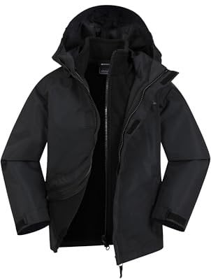 Mountain Warehouse Fell Kids 3 in 1 Jacket - Water-Resistant Triclimate Raincoat, Detachable Inner Coat & Packaway Hood - For Walking, Hiking & Outdoors Black Kids Size 3-4 Years