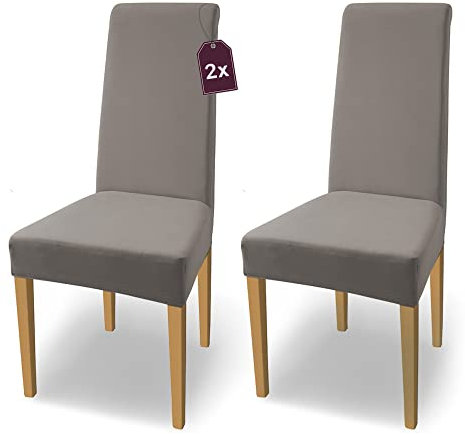 SCHEFFLER-Home Natalie Stretch Stuhlhussen Baumwolle/Stuhl Hussen Taupe/Stuhlüberzug 2er Set/Stuhlabdeckung/Stuhlhussen Schwingstühle waschbar/eleganter Spann-Stuhlüberzug Hochlehner