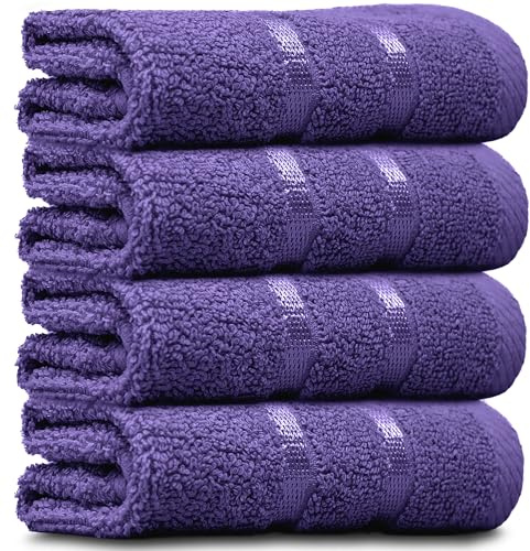 Towelogy® Luxury Egyptian Cotton Face Cloth Flannel Fingertip Towels Set 500 GSM Supersoft and Highly Absorbent Washcloths 30x30 cm (Pack 4, Plum Purple)