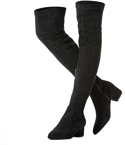 N.N.G Bottes au-dessus du genou pour femme - En daim - Blocs d'hiver - Bas au-dessus de plat - Long OTK Comfort - Bout pointu, Noir 5,1 cm, 42 EU
