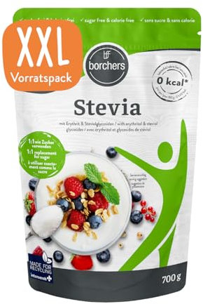 BORCHERS Stevia, Kristalline Streusüße 700g, Stevia-Erythrit Mischung, 1:1 wie Zucker, kalorienfrei & zuckerfrei, Zuckerersatz, Süßungsmittel, Zuckeralternative, XXL Vorteilspack