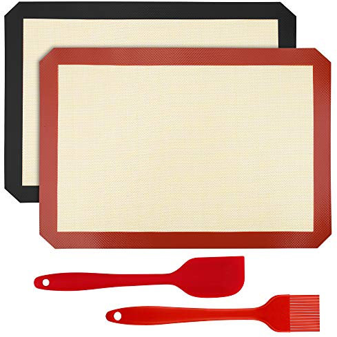 Mitening Backmatte Silikon, 2 Stück Dauerbackfolie Backpapier Wiederverwendbar Silikonmatte Baking Mat BPA-frei Nonstick Backfolie Backunterlage mit Silikon Spatel und Backpinsel für Backofen
