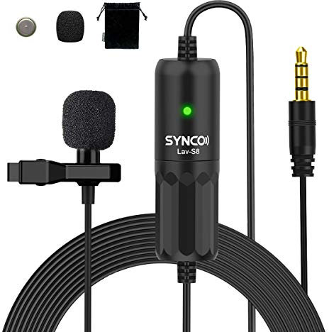SYNCO Lavalier Lavalier Microphone, 8 Metres Omnidirectional Condenser Clip-on Microphone, 3.5 mm TRS/TRRS for Smartphone iPhone Android Huawei Samsung, PC Laptop, Camera DSLR Camcorder Lav-S8