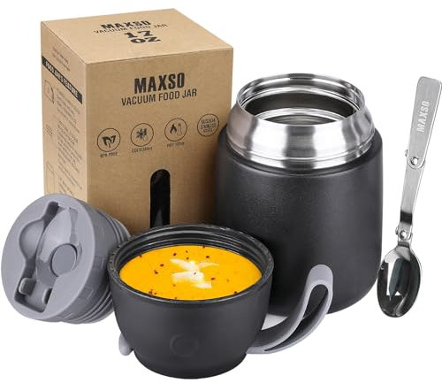 LOGEEYAR Boîtes Alimentaires Isothermes, Boîte Isotherme Repas Chaud Porte-Aliments en Acier Inoxydable à Double Couche, Thermoisolant Boîte avec Cuillère Pliante pour Ecole, Bureau, 500ml Noir