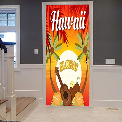 A.Monamour Sticker Porte Autocollant Poster de Porte 3D Aloha Hawaii Palmier Plage Tropicale Coucher De Soleil Silhouette Nature Vinyle Affiche de Porte Sticker Mural Papier Peint Art Décor 83 x 204cm