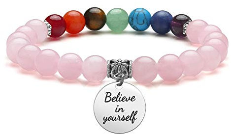 JSDDE Rose Quartz Crystal Bead Bracelet 7 Chakras Healing Gemstone Bracelet Yoga Stone Meditation Bracelets with Text Charm - Believe in Yourself