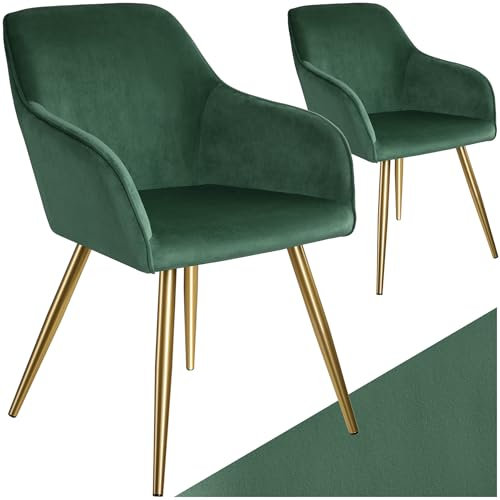 TecTake® Lot de 2 Chaises de Salle à Manger Rembourrées Modernes - Fauteuil Salon Velours Scandinave Avec Accoudoirs - Pieds en Acier Doré Élégant - Pour Coiffeuse, Chambre