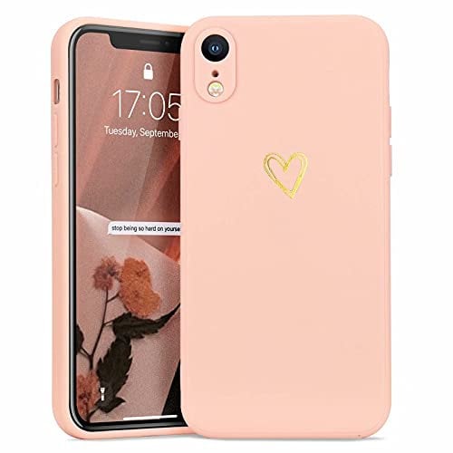 Wirvyuer Compatible with iPhone Xr Phone Cases for Girls Women Silky Soft Protective Shockproof Silicone Cases with Cute Gold Heart Pattern Design Pink Cover